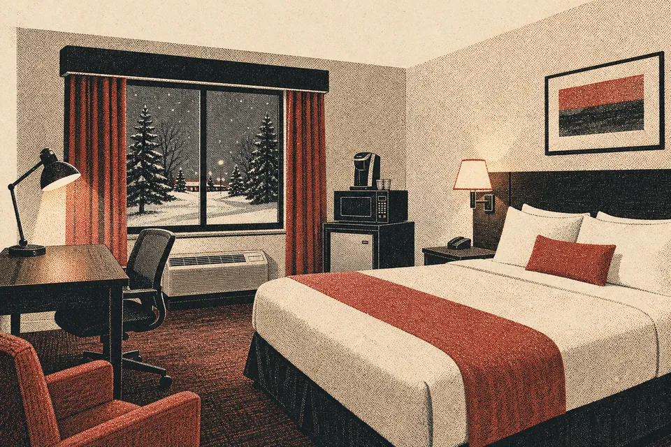 Illustration: a plain hotel room with a king bed, desk, small fridge with a microwave and a snowy window