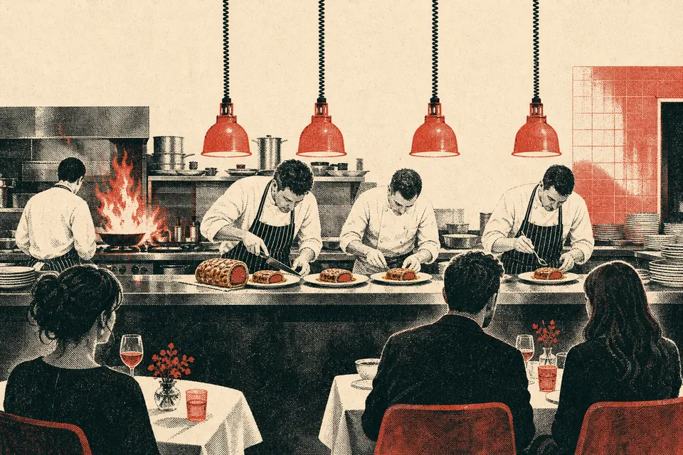 Illustration: chefs plating a sliced beef wellington at a steel pass under heat lamps
