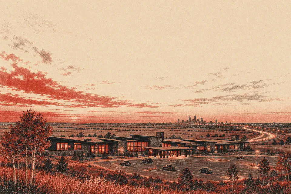Illustration: a long low resort building with lit windows on flat land at dusk, a highway in the distance