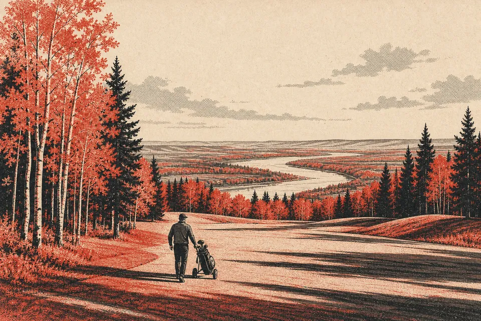 Illustration: a golfer walking an autumn fairway with aspen trees above a river valley