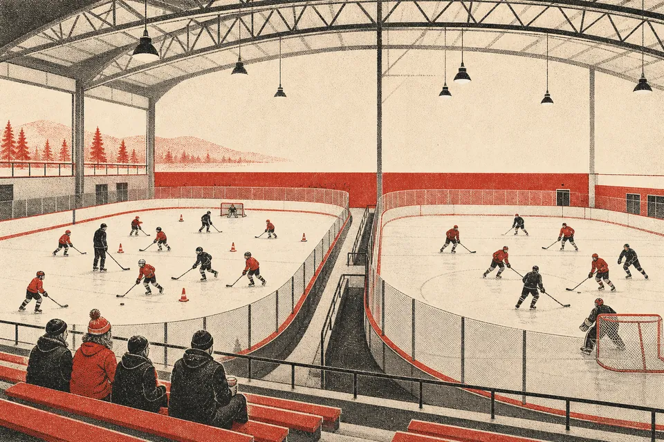 Illustration: two indoor ice rinks side by side with young skaters on one and adults playing on the other
