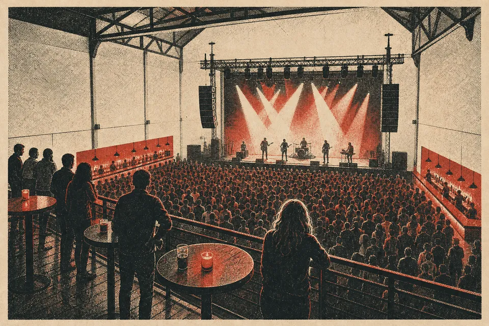 Illustration: a packed concert hall seen from a balcony, a band on stage under spotlights