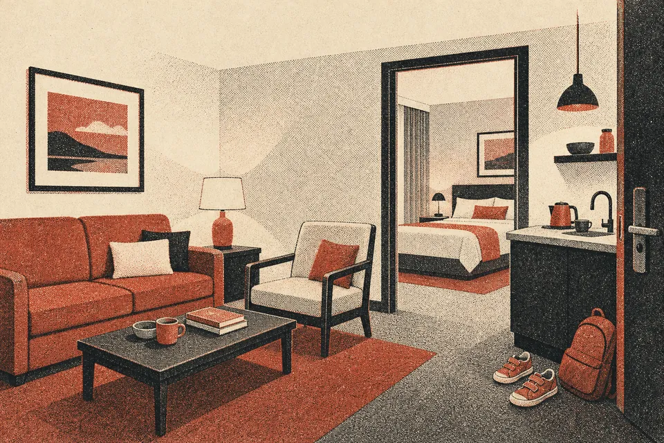 Illustration: a hotel suite living room with a sofa and an open door to a bedroom